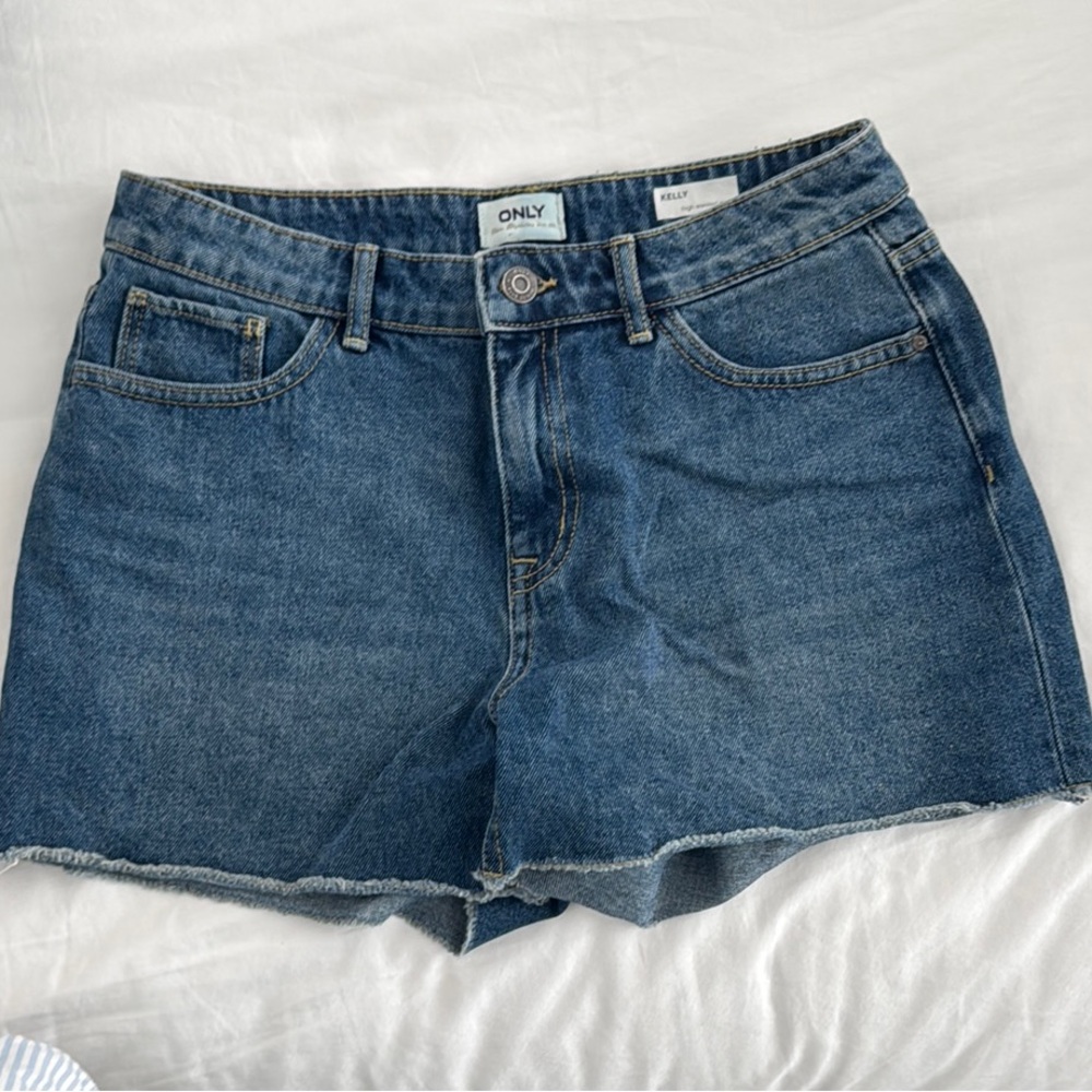 Only Blue Jean Shorts with Frayed Hem and Distressed Look